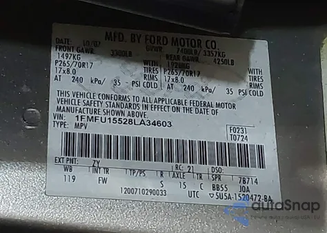 2008 Ford Expedition Xlt из США, поврежденный, VIN 1FMFU15528LA34603